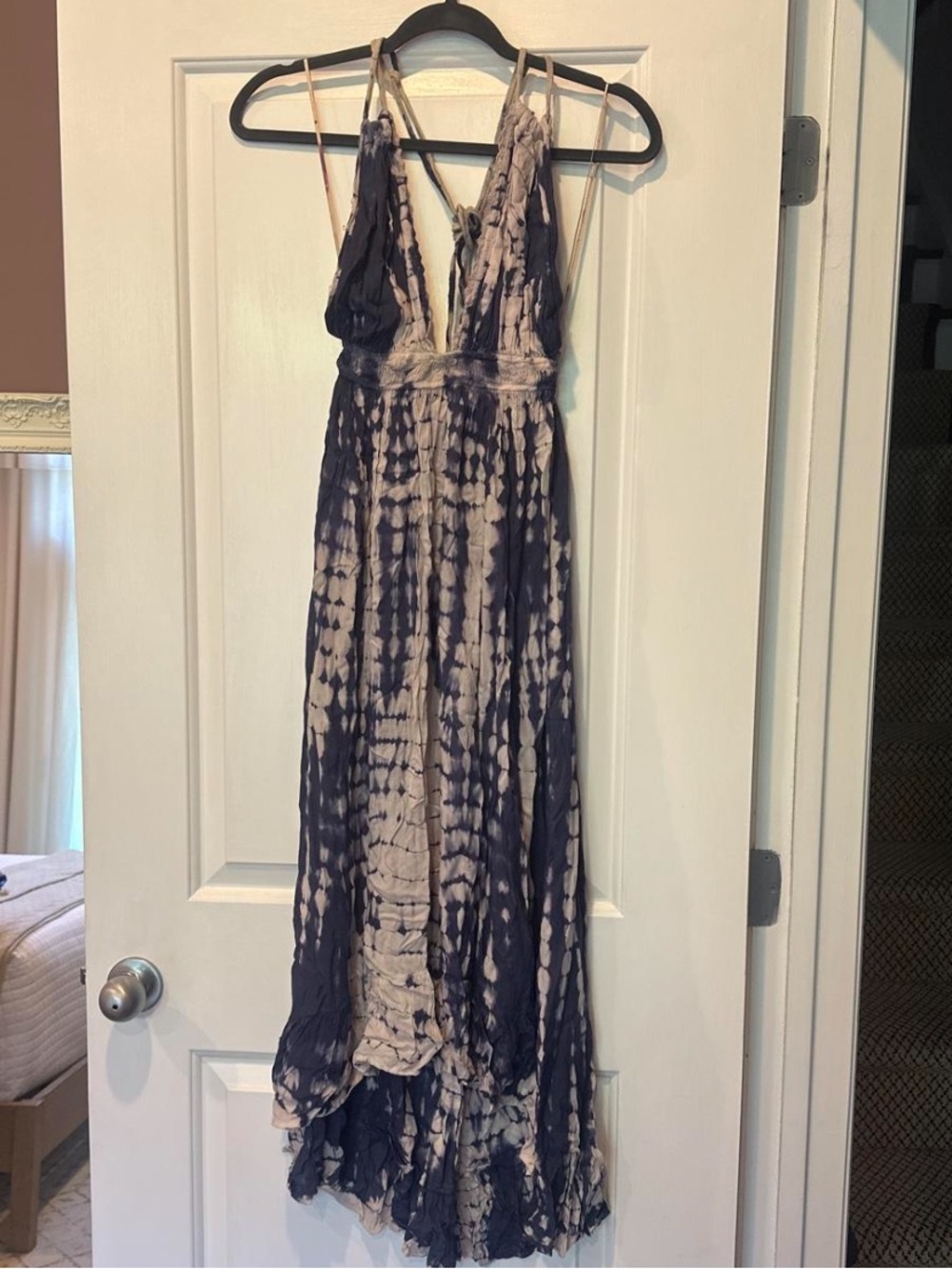 Boho Me Tie-Dye V-Neck Maxi Dress in Navy and Cream